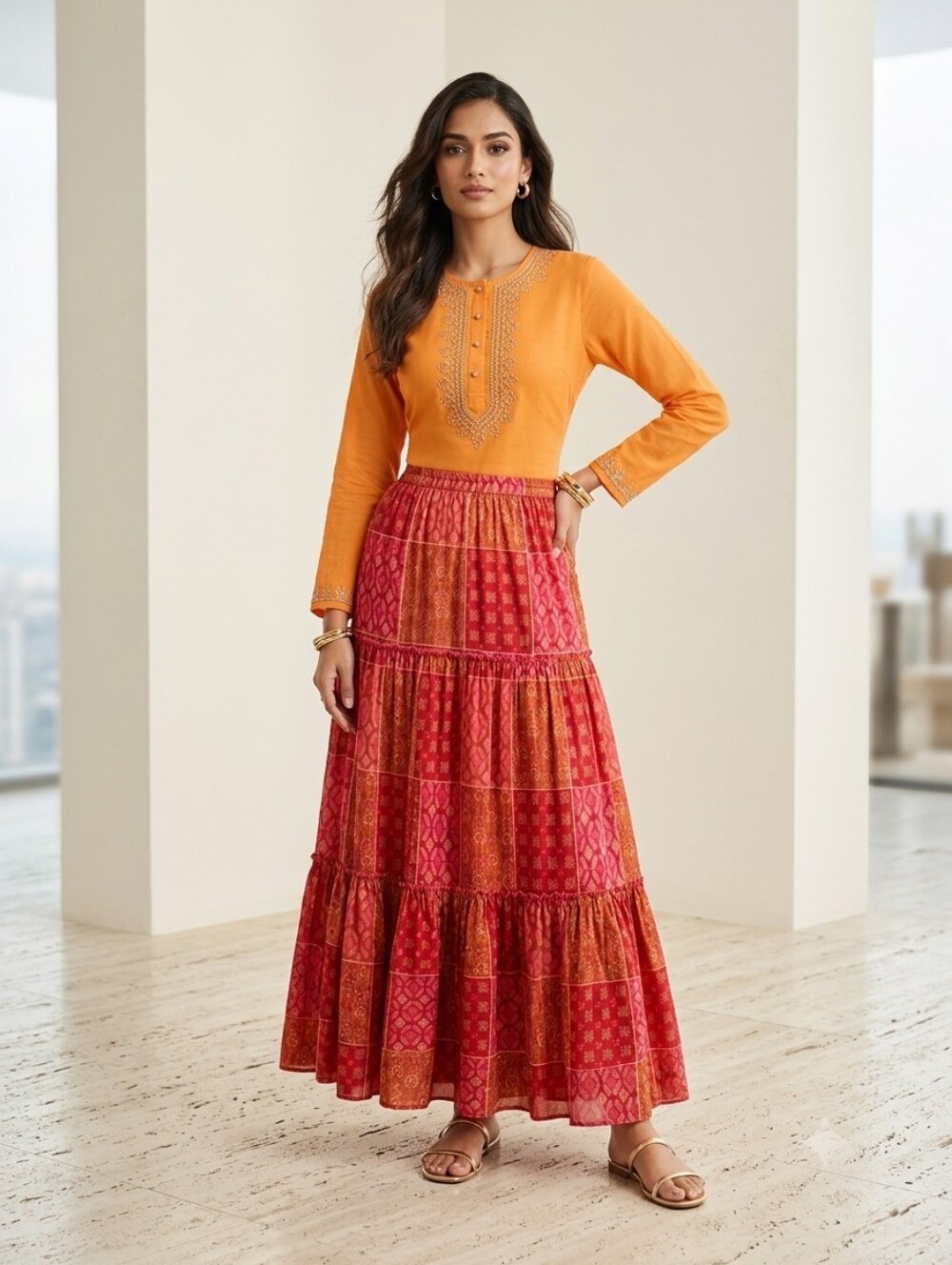 Old Navy Orange Top with Pink & Orange Tiered Maxi Skirt